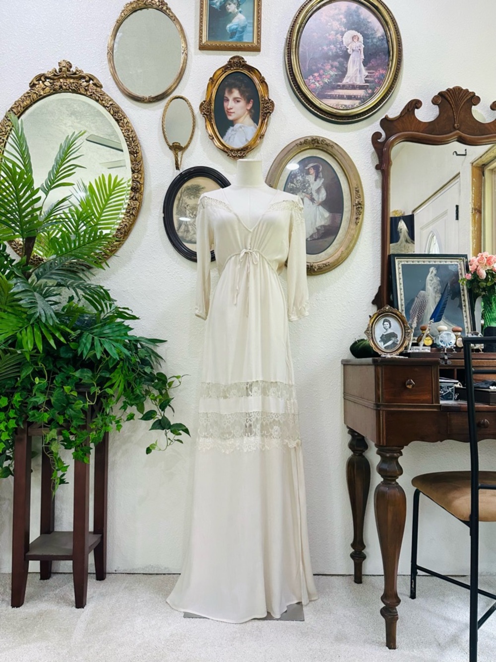 Mustard Seed Cream Long Sleeve Lace Trim Maxi Dress